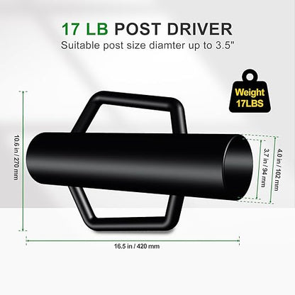 Fence Post Driver with Handle,17LB Hand Post Pounder,3.7 inches Inner Dia. Pole Rammer, Farm Wire Fencing for T Post, U-Channel Sign and Wooden Post, Black