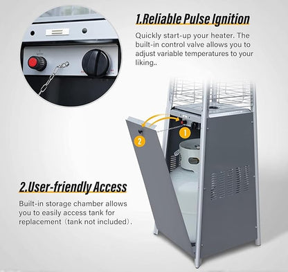 LAUSAINT HOME Pyramid Patio Heater, 48,000 BTU Outdoor Patio Heater All Stainless Steel, Upgraded Quartz Glass Tube Propane Heater for Backyard Commercial, Tip-Over Protection, Cover & Wheels