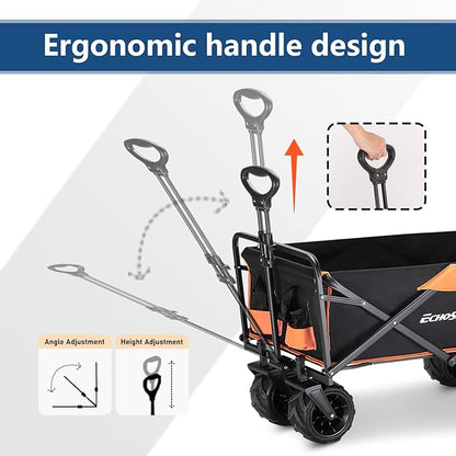 EchoSmile Heavy Duty 350 Lbs Capacity Collapsible Wagon, Outdoor Folding Camping Wagons, Grocery Portable Utility Cart, Adjustable Rolling Carts, All Terrain Sports Wagon with Big Wheels by Boahaus
