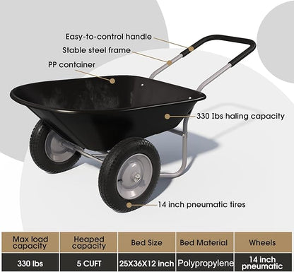 ARNOT Enlarged 2-Wheel Wheelbarrow, Easy Loading and Dumping Garden Cart, Heavy Duty Utility Dump Cart for Outdoor Lawn Yard Farm Ranch, Black