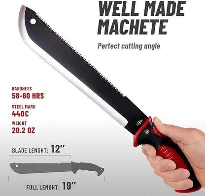 Machete with Saw - 19” Heavy Duty Tool & Sheath - Ergonomic No-Slip Handle - Survival Knife with Serrated Blade - Machetes for Bushcraft Hunting Garden Cutting Trees and Yard Work