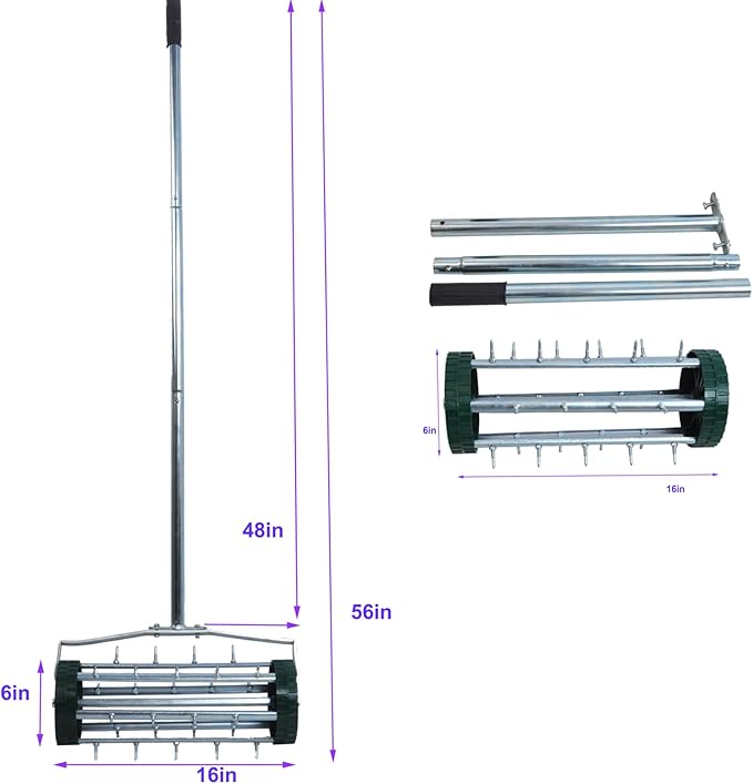 16-Inch Heavy Duty Rolling Lawn Aerator With Sharp Spikes & Anti-Slip Handle - Push Aerator for Garden, Yard - Manual Tool