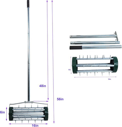 16-Inch Heavy Duty Rolling Lawn Aerator With Sharp Spikes & Anti-Slip Handle - Push Aerator for Garden, Yard - Manual Tool
