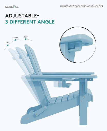 SERWALL Folding Adirondack Chair, Adirondack Outdoor Chair with Cup Holder, Adjustable HDPE Adirondack Chair with 3 Recline Positions, Light Blue