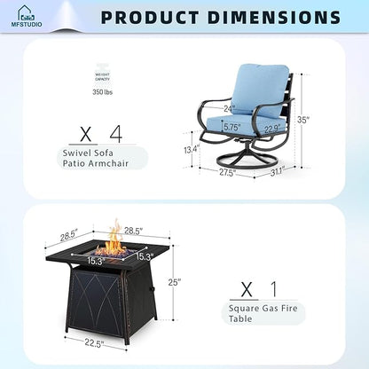 MFSTUDIO 5 Pieces Patio Conversation Sets, Outdoor Metal Furniture Sofas with 1 x 28 50,000 BTU Square Propane Fire Table and 4 x Wrought Iron Frame Swivel Chairs with Blue Cushion