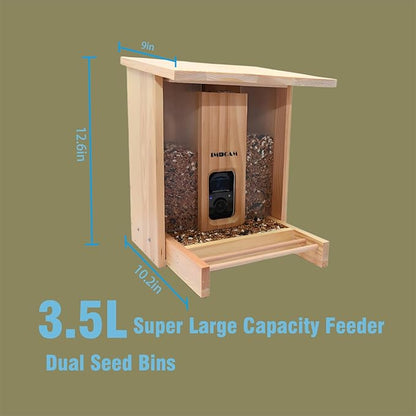 Smart Wooden Bird Feeder with Camera-Solar Power,Bird AI Identifier,1080p HD,5200mAh Battery,3.5L Extra Large,Twin Seed Bins