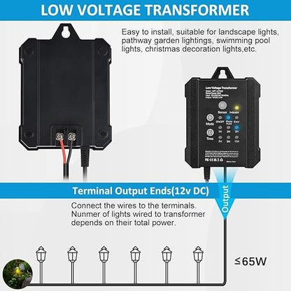 65W Low Voltage Landscape Transformer, RWUSNX Outdoor Landscape Lighting Transformer with Timer and Photocell Sensor, 120V AC to 12V DC Weatherproof for Spotlight, Garden Light, Pathway Light