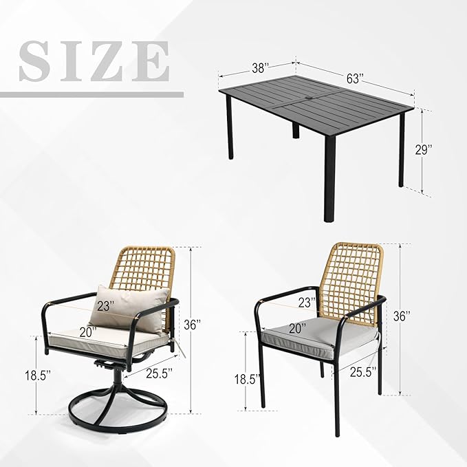 7-Piece Outdoor Dining Set, 4 Wicker Stackable Rattan Chairs ＆2 Wicker Swivel Rattan Chairs with 63'' Rectangular Patio Dining Table All Weather Frame Furniture Set