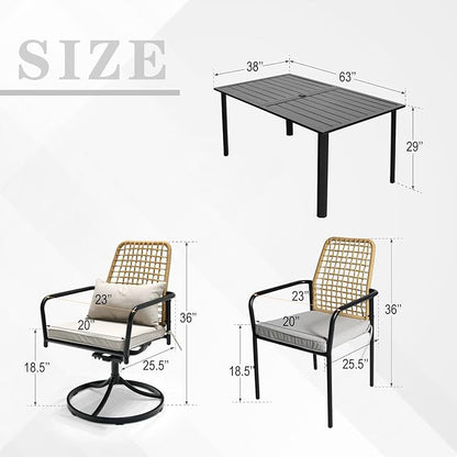 7-Piece Outdoor Dining Set, 4 Wicker Stackable Rattan Chairs ＆2 Wicker Swivel Rattan Chairs with 63'' Rectangular Patio Dining Table All Weather Frame Furniture Set