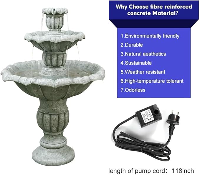39.3” H Outdoor Floor Water Fountain, 3-Tiers Concrete Water Fountain with Submersible Electric Pump - Garden Cascading Waterfall for Yard Patio Lawn Home Decor