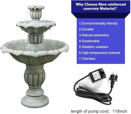 39.3” H Outdoor Floor Water Fountain, 3-Tiers Concrete Water Fountain with Submersible Electric Pump - Garden Cascading Waterfall for Yard Patio Lawn Home Decor