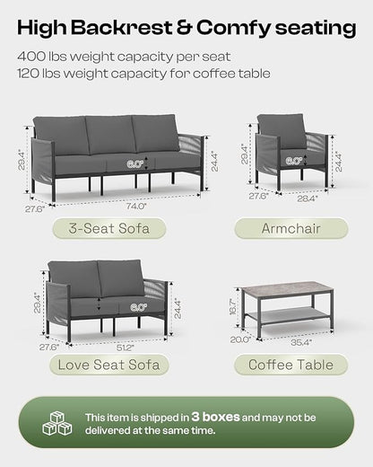 Aluminum Outdoor Patio Furniture Set, HDPE Rope 4 Piece Modern Sectional Conversation Sets with Dual-Layer Coffee Table, All Weather Patio Couch Set with Thick Cushions, Gray Frame, Charcoal