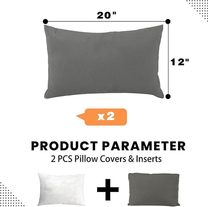 idee-home Outdoor Pillows with Inserts Included, Patio Outside Lumbar Pillows Waterproof Set of 2, 12 x 20 inch Dark Grey