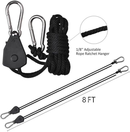 Grow Light Rope Hanger 3Pairs，1/8" 8-Feet Long Heavy Duty Adjustable Rope Clip Hanger, Adjustable Rope Ratchet Hangers 150 Lbs per Pair with Stainless Steel 2.5" S Hook