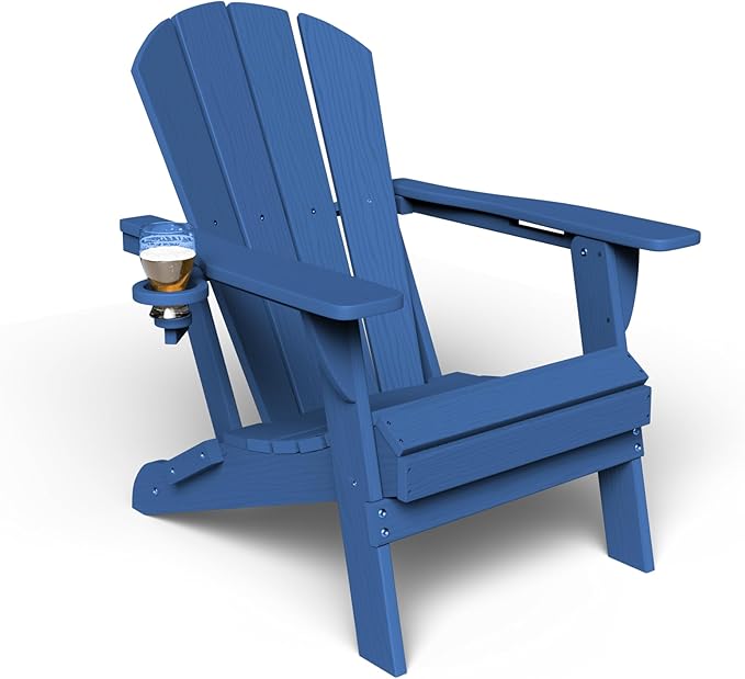 Kingdura Foldable Adirondack Chair, Portable HDPE All Weather Resistant Outdoor Patio Chair, Wooden Textured with Cup Holder, 380LBS Capacity for Poolside, Backyard, Deck, Fire Pit (Navy Blue)