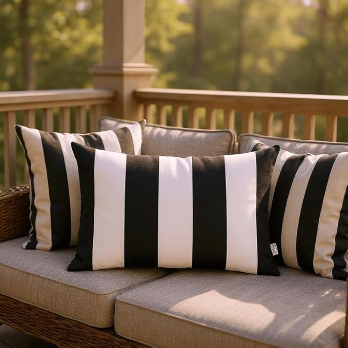 RSH DECOR: Lumbar Throw Pillows Set of 4 | 20” x 12" | All-Weather Spun Fabric | Water and Fade-Resistant | Outdoor Support Pillows for Patio Furniture | Black & White Stripe