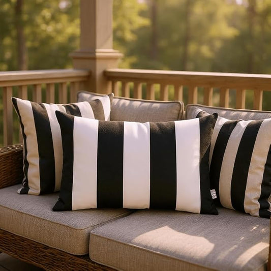 RSH DECOR: Lumbar Throw Pillows Set of 4 | 20” x 12" | All-Weather Spun Fabric | Water and Fade-Resistant | Outdoor Support Pillows for Patio Furniture | Black & White Stripe