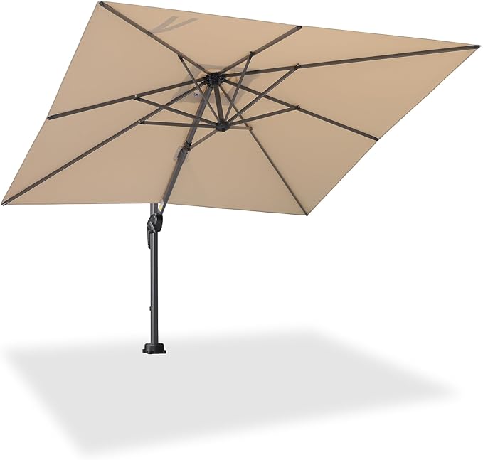 PURPLE LEAF 8' X 8' Patio Umbrella with In-ground Base for Pool 7' High Offset Outdoor Cantilever Umbrella Swimming Pool Umbrella with 360°Rotation for Poolside Beige