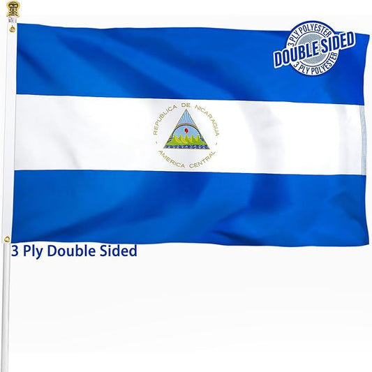 Nicaragua Nicaraguan Flag 3x5 ft Outdoor, Double Sided 3 Ply Heavy Duty Nicaragua National Country Flag, 100% Quality Polyester Nicaraguan Banner with Brass Grommets 4 Rows Stitches