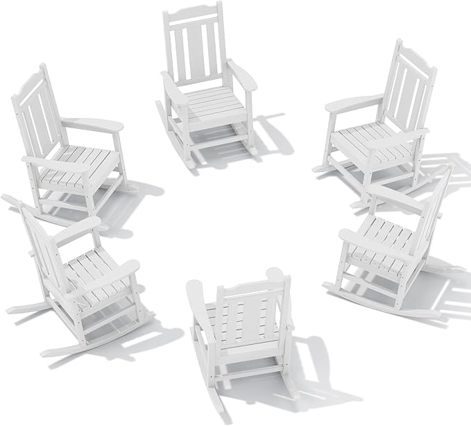 SERWALL Outdoor Rocking Chair Set of 6, Patio Rocking Chair Sets, HDPE Rocking Chair for Adults, White