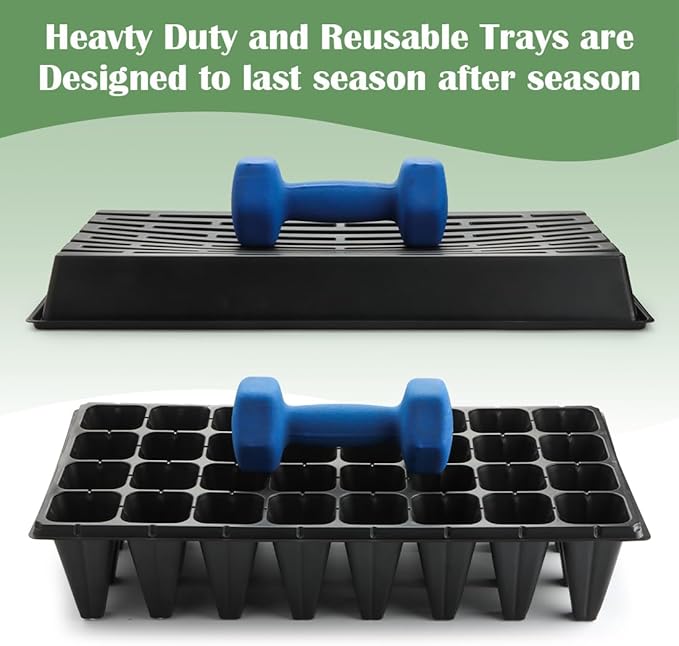 10 Pack 1020 Seedling Starter Trays with 10 Pack 32 Cell Plug Inserts Extra Deep 4.33" - Heavy Duty Plastic Nursery Trays for Seed Germination & Plant Propagation (10 Sets)