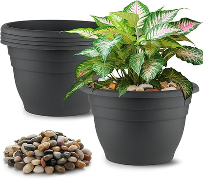 5 Lbs Rocks for Plants,5-Pack 10 Inch Plastic Plant Pots - Plant Planters with Drainage, Decorative River Rocks for Garden Landscaping, Flower Pots for Indoor Outdoor Plants, Succulents, and Herbs