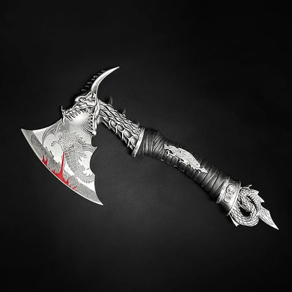 14.5" Fantasy Dragon Axe Wtih Wood Stand, Gift for Xmas, Home Tabletop Decoration