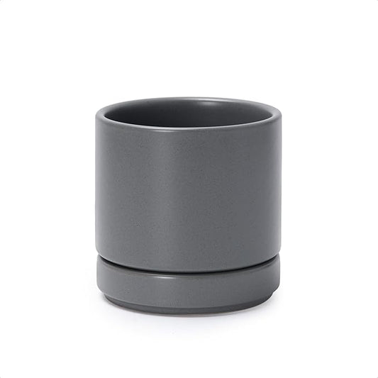 D'vine Dev 4.7 Inch Ceramic Planter Pot with Drainage Hole and Saucer, Indoor Cylinder Round Planter Pot, Grey, 94-O-B-3