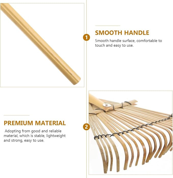 Wooden Garden Rake 20 Tines Hand Rake for Leaves Soil Spreading Lawn Care Yard Tool for Gardening Cleaning Landscaping