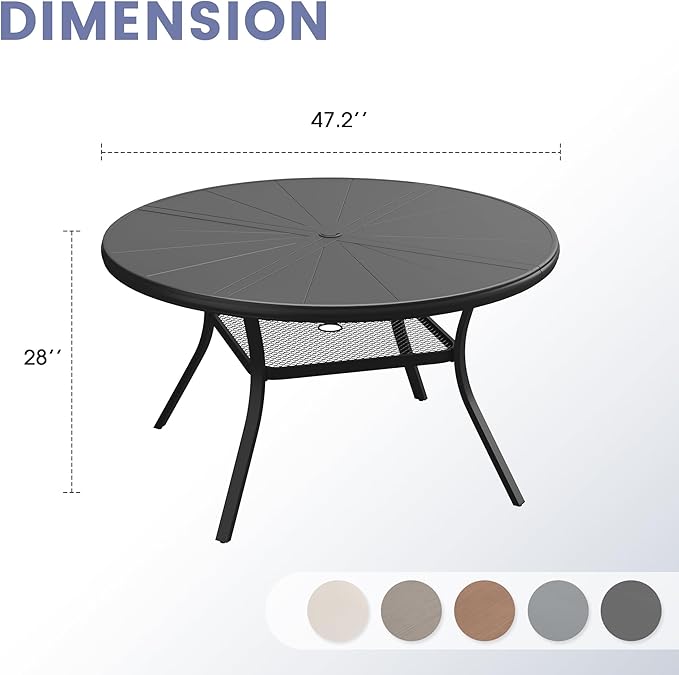 VICLLAX Outdoor Patio Round Dining Table, 47.2"x 47.2" Aluminum Tabletop with Storage Shelf for Deck Lawn Garden Backyard, Black