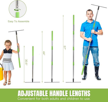Joyhalo 14-Tine Garden Rake - Adjustable Length 30.5 to 57 Inch, Metal, Levels Soil & Rocks