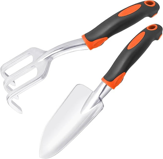 Garden Tool Set, 2 Pack Heavy Duty Gardening Tools Set Include Garden Shovel and Hand Rake Claw Tool with Ergonomic Handle, Small Gardening Hand Tools for Digging Weeding Planting Transplanting