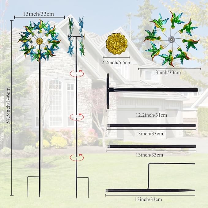 Viveta Wind Spinners for Yard and Garden, Hummingbird Wind Spinners with Metal Stake, 57.5" Double Wind Spinner Yard Art Decor for Patio Lawn Garden