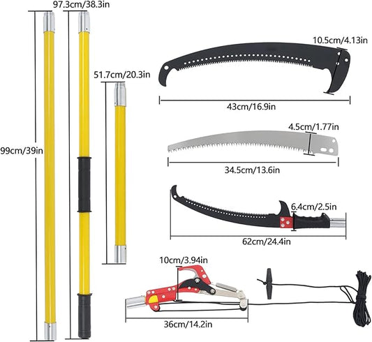 30FT Extendable Pole Saw, Manual Branch Trimmer with Long Handle, Manuals Tree Pruning Saws Band Scissors, 9 Knots Yellow