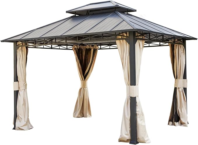 YOLENY 10' x 12' Gazebo with Galvanized Steel Roof, Double Roof with Anti-Rust Coating, Outdoor Gazebos with Curtains and Netting, Sunshade for Gardens, Lawns, Deck