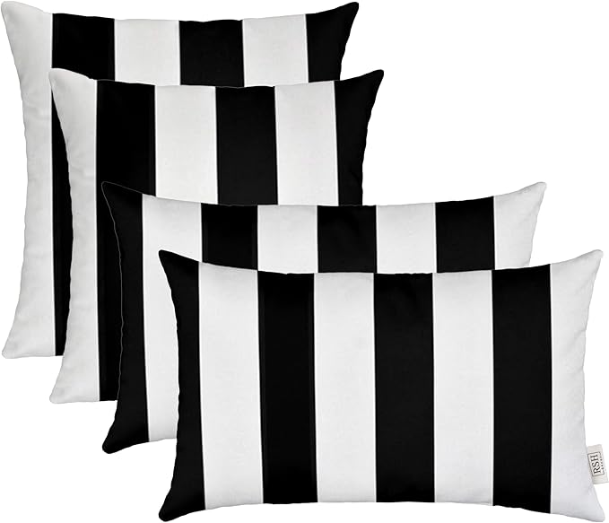 RSH Décor: Set of 4 Square and Lumbar Accent Pillows | Indoor/Outdoor All Weather Polyester Fabric | Reversible | 17” x 17” & 20" x 12" | Black & White Stripe