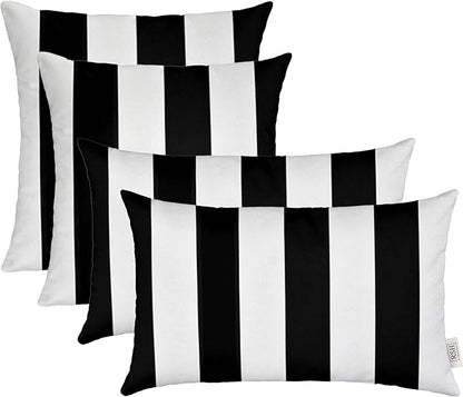 RSH Décor: Set of 4 Square and Lumbar Accent Pillows | Indoor/Outdoor All Weather Polyester Fabric | Reversible | 17” x 17” & 20" x 12" | Black & White Stripe