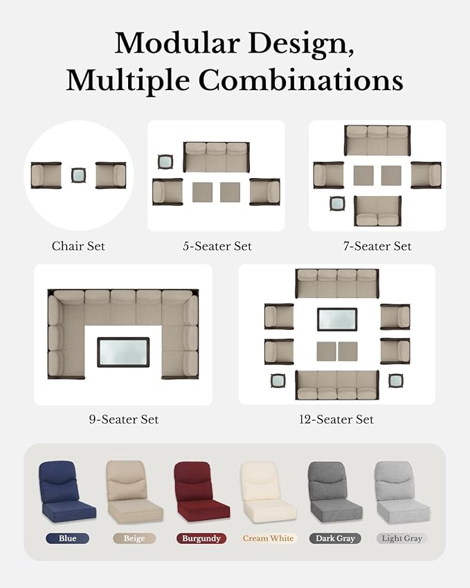 HILLGA Luxury Patio Furniture Set with 6-inch Thick Cushion, Outdoor Couch and High Back Swivel Rocker Patio Chairs, 11PCS Wicker Conversation Set for Deck Yard and Poolside, Beige (V2)