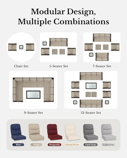 HILLGA Luxury Patio Furniture Set with 6-inch Thick Cushion, Outdoor Couch, Loveseat and High Back Swivel Rocker Patio Chairs, 7PCS Wicker Conversation Set for Deck Yard and Poolside, Beige (V2)