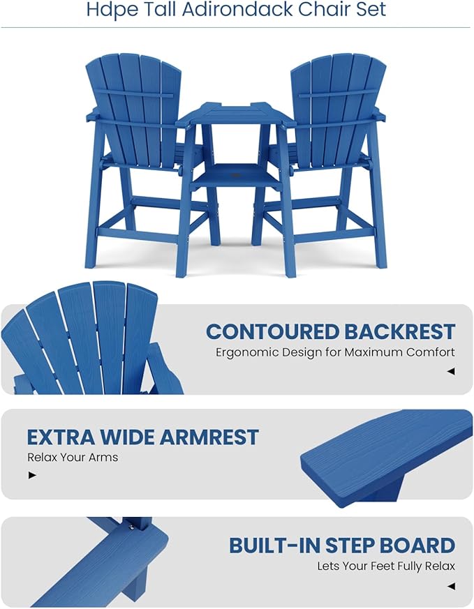 Ciokea Tall Adirondack Chairs Set of 4, HDPE Outdoor Adirondack Bar Stools with Double Connecting Tray, Weather Resistant High Back Adirondack Balcony Chairs for Deck, Lawn, Pool, Backyard, Navy Blue