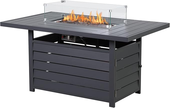 Wisteria Lane 54.3” Outdoor Patio Aluminum Fire Pit Table, 50000 BTU CSA Certified Propane Gas Fire Pit, Rectangular Fire Table w/Stainless Burner, Lava Rock, Waterproof Cover