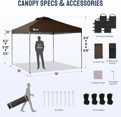 CROWN SHADES Gazebo 10x10, Pop Up Gazebo with Mosquito Netting, Screen Tent with 4 Ropes, 8 Stakes, 4 Sandbags and Wheeled Storage Bag, Canopy for Patio & Backyard, Coffee