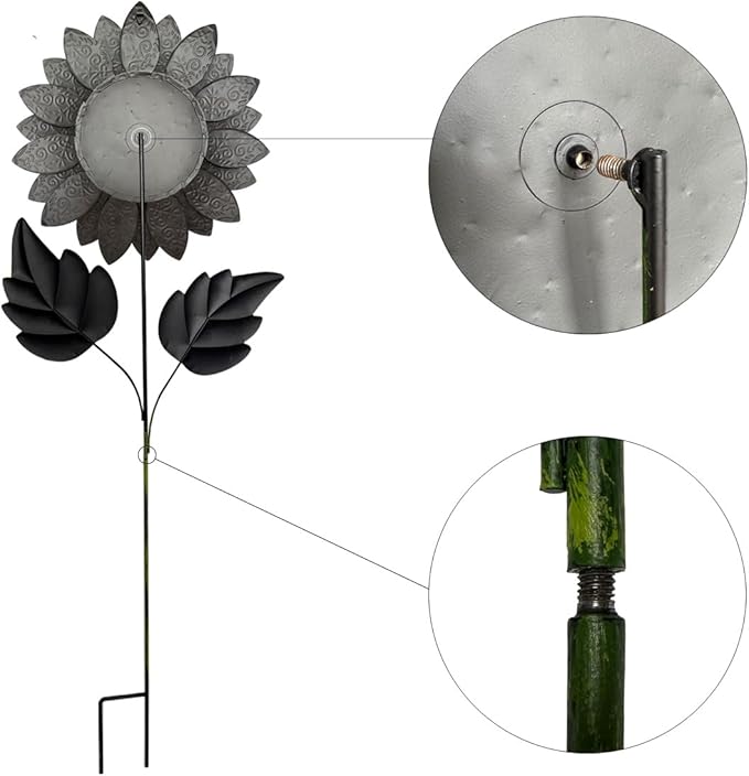 Outdoor Metal Sunflower Stakes, 40 Inch Height, 13 Inch Flower Head, Garden Decor, Set of 2