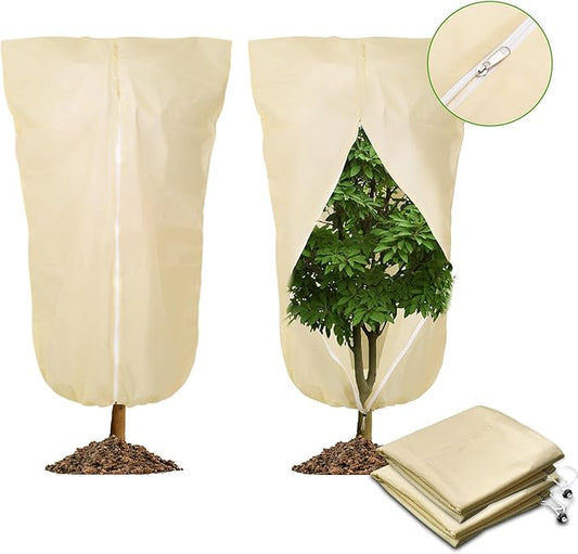 2 Pack 43"x32" Winter Plant Covers Freeze Protection Frost Cloth Blankets, 3 oz/yd² Tree Cover with Zipper Drawstring, Frost Protection Jacket for Outdoor Plant Cold Weather Protector Beige