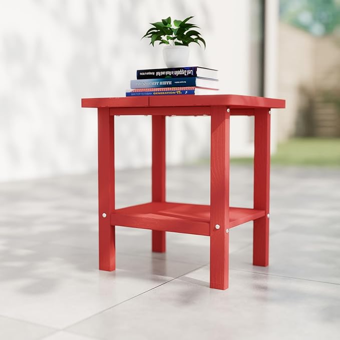 Kingdura Adirondack Outdoor Side Table, 16 x 13 Inches HDPE Plastic Outside End Tables for Patio Pool Porch Backyard Indoor, 2 Tiers Storage Shelf, All Weather Resistant, Easy Maintenance (Red)