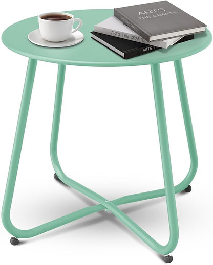 Patio Side Table Waterproof Round Metal Steel Weather Resistant Portable Outdoor and Indoor End Table for Garden Balcony Yard, Bean Green