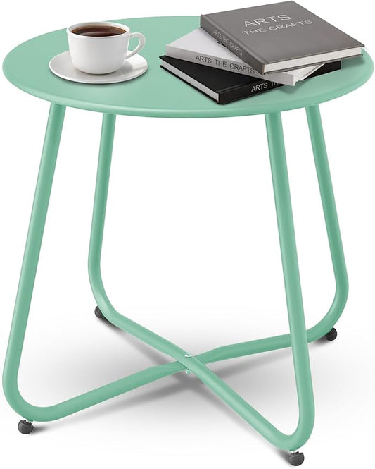 Patio Side Table Waterproof Round Metal Steel Weather Resistant Portable Outdoor and Indoor End Table for Garden Balcony Yard, Bean Green