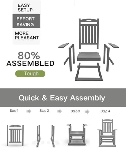 Kingdura Outdoor Rocking Chairs Set of 2, HDPE Plastic Patio Rocking Chair All-Weather Oversized Porch Rocker with High Back for Patio Outside Backyard Balcony (Grey)