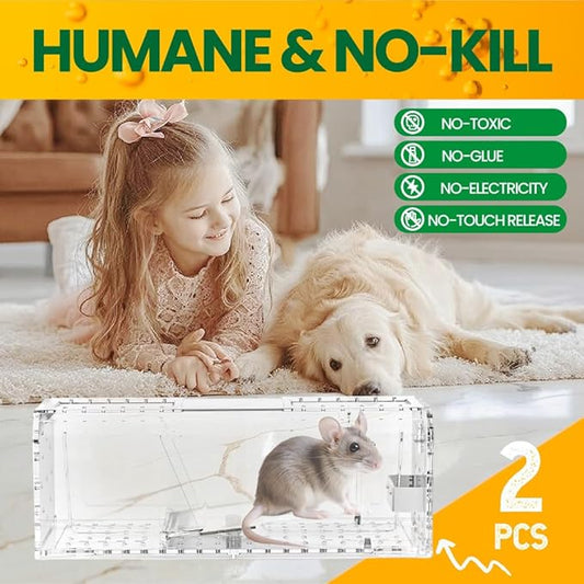 Humane Mouse Trap, No Kill Live Catch and Release Mouse Traps for Small Rat Rodent, Mousetrap Catcher Indoor and Outdoor, Easy to Use & Clean Reusable and Release Mice, 2PCS