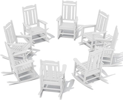 SERWALL Outdoor Rocking Chair White Set of 8, All Weather Patio Rocking Chair, HDPE Poly Rocking Chair for Adults, Heavy Duty Front Porch Rocker